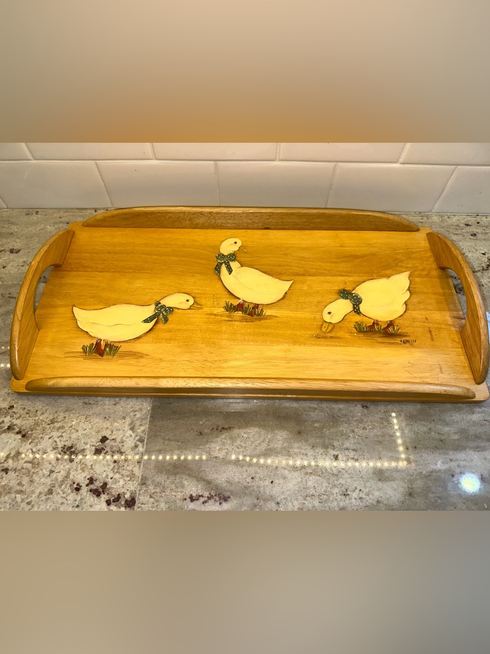 Vintage 80’s Wooden Tray Goose  Handpainted Country Geese Cottagecore 20x10